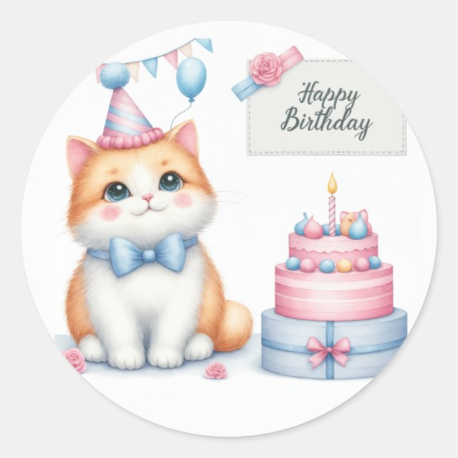 Sticker Rond Cute Pastel Kitten Gâteau d'anniversaire - Anniver (Devant)