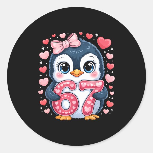 Sticker Rond Cute Penguin 67 Six Seven Valentine Hearts 6 7 Mem (Devant)