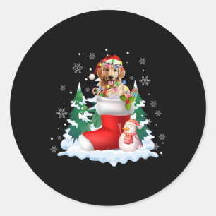 Sticker Rond Cute Père Noël Golden Retriever Dans Chaussettes d
