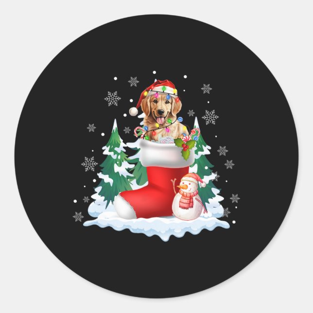 Sticker Rond Cute Père Noël Golden Retriever Dans Chaussettes d (Devant)