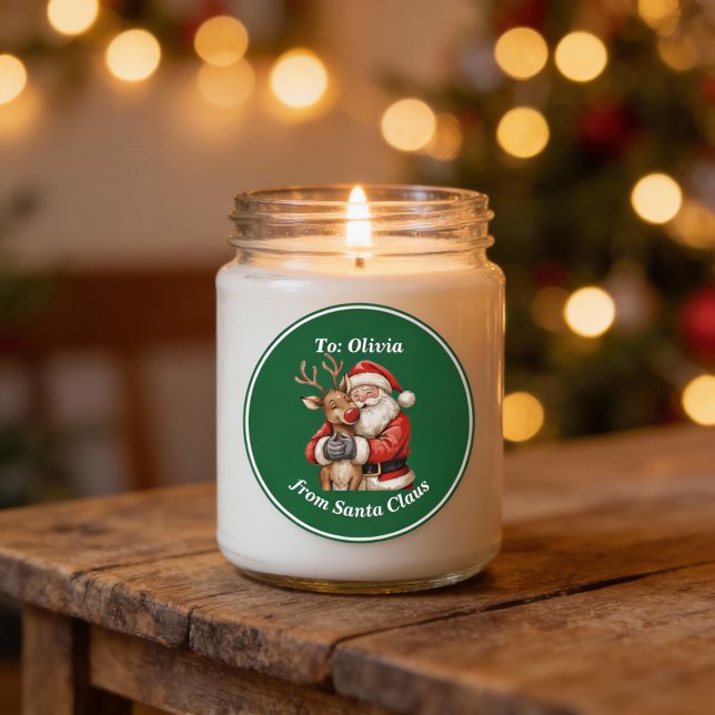 Sticker Rond Cute Père Noël & Reindeer Hug Custom Red Christmas (Créateur téléchargé)