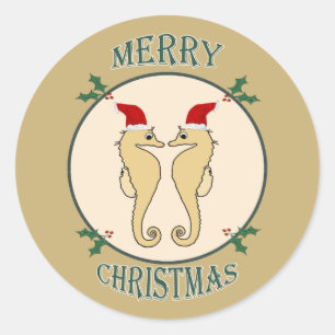 Sticker Rond Cute Père Noël Seahorse Pair Christmas Gold
