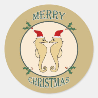 Sticker Rond Cute Père Noël Seahorse Pair Christmas Gold