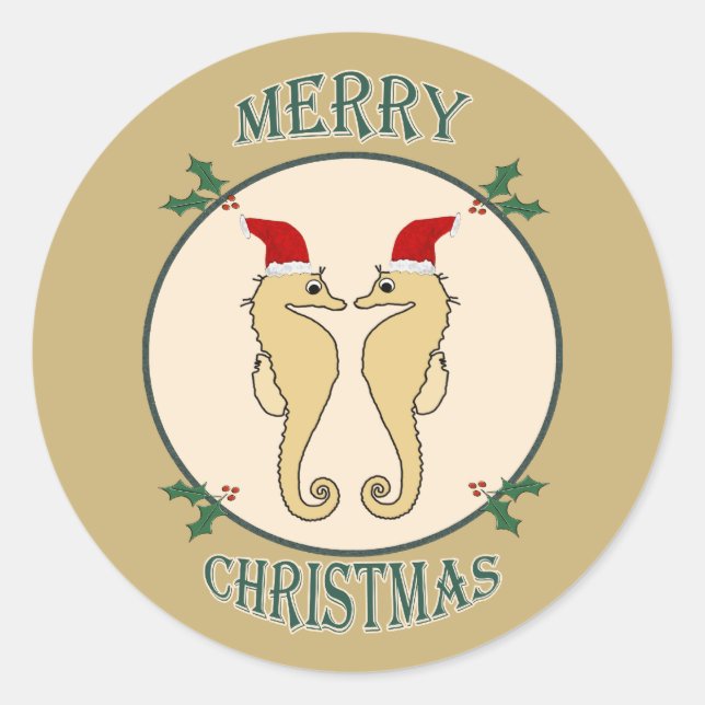 Sticker Rond Cute Père Noël Seahorse Pair Christmas Gold (Devant)