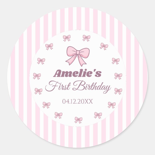 Sticker Rond Cute Pink Bow First Birthday  (Devant)