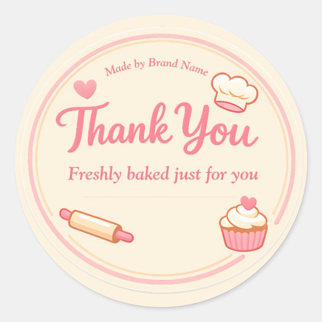 Sticker Rond Cute Pink Cupcake and Rolling Pin Bakery Thank You (Devant)