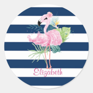 Sticker Rond Cute Pink Flamingos Tropical Leaf, Striped