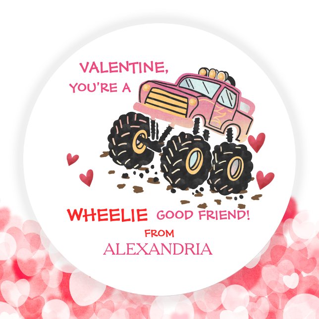 Sticker Rond Cute Pink Monster Truck School Valentine (Cute Pink Monster Truck School Valentine Classic Round Sticker)