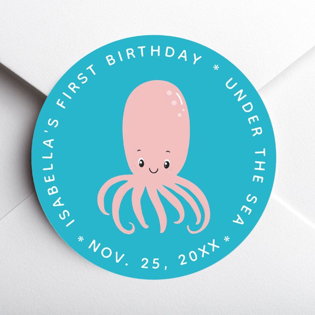 Sticker Rond Cute Pink Octopus Under the Sea 1st Birthday Blue (Créateur téléchargé)