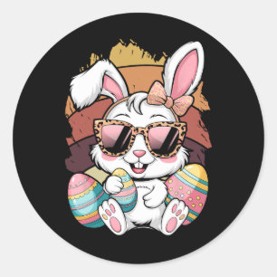 Sticker Rond Cute Pink Plaid Pattern Easter Bunny Face Rabbit E