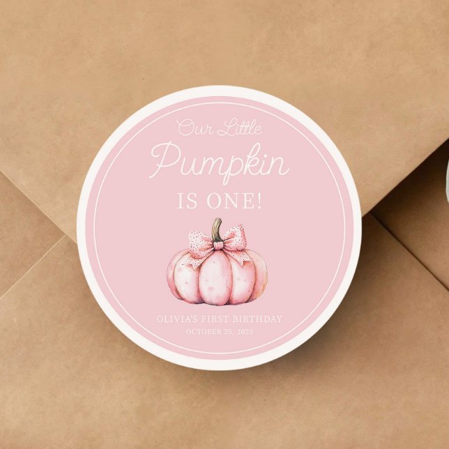 Sticker Rond Cute Pink Pumpkin Girl 1st Birthday (Cute Pink Pumpkin Girl 1st Birthday Classic Round Sticker)