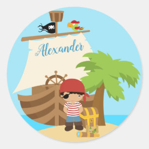 Sticker Rond Cute Pirate Boy & A Big Ship Custom