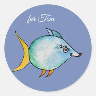Sticker Rond Cute poisson bleu Nom personnalisé
