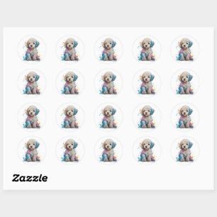 Sticker Rond Cute Poodé Chiot Aquarelle Art
