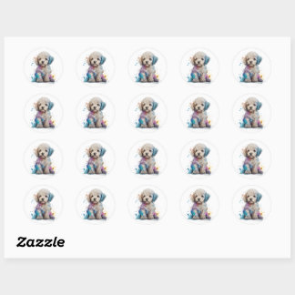 Sticker Rond Cute Poodé Chiot Aquarelle Art
