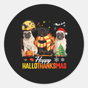 Sticker Rond Cute Pug Happy Hallothanksmas Halloween Thanksgivi