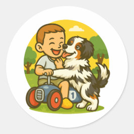 Sticker Rond Cute Puppy and Kid Playtime