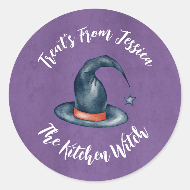 Sticker Rond Cute Purple Kitchen Witch Halloween Baking Treats (Devant)