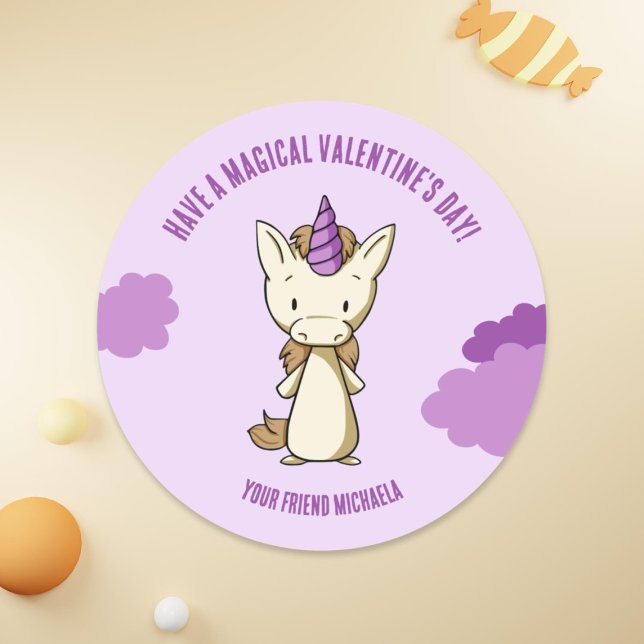 Sticker Rond Cute Purple Unicorn Magique Saint Valentin (Créateur téléchargé)