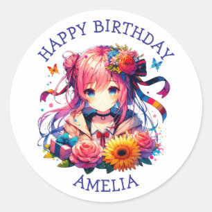 Sticker Rond Cute Rainbow Anime Girl Anniversaire Personnalisé