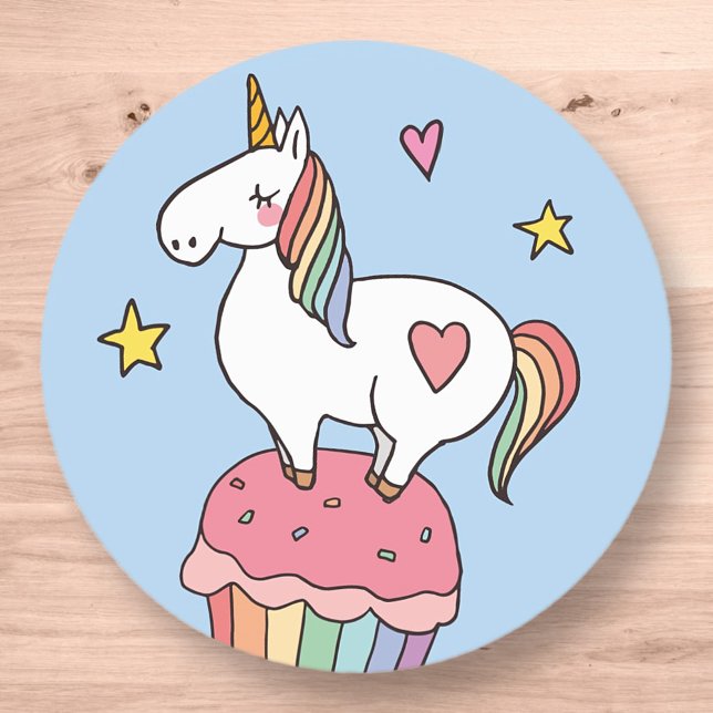 Sticker Rond Cute Rainbow Unicorn sur Anniversaire Cupcake (Créateur téléchargé)