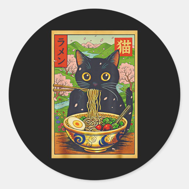 Sticker Rond Cute Ramen Cat Nature Flowers Noodle Anime  (Devant)