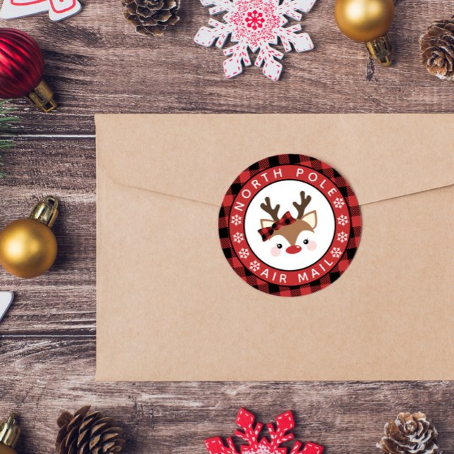 Sticker Rond Cute Reindeer Plaid Bow North Pôle Air Mail (Créateur téléchargé)