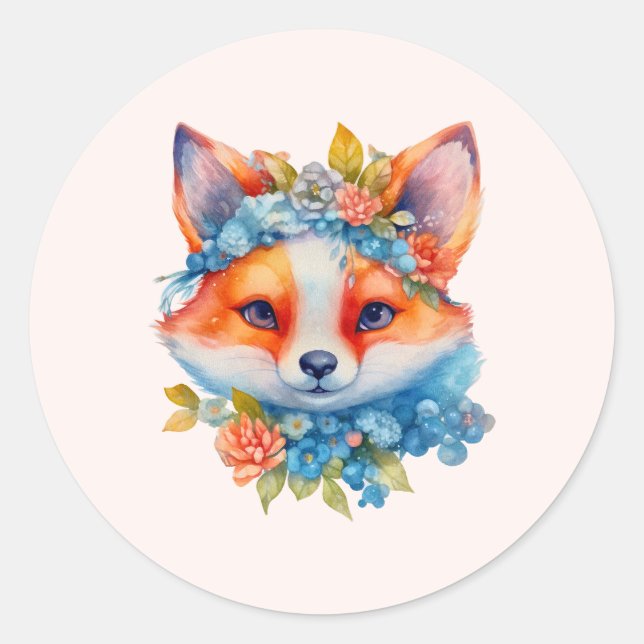 Sticker Rond Cute Renard orange avec Couronne florale (Devant)