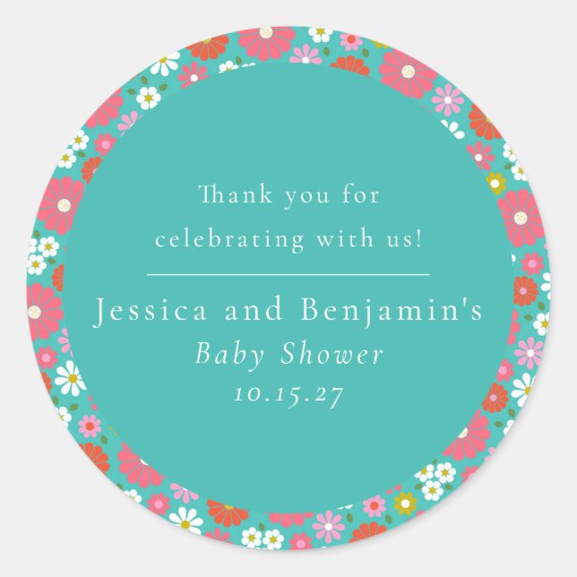 Sticker Rond Cute Retro 60s Flower Turquoise Baby shower person (Devant)