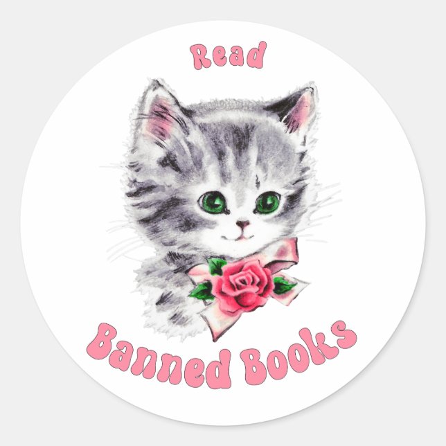 Sticker Rond Cute Retro Chat - Lire Livres Interdits (Devant)