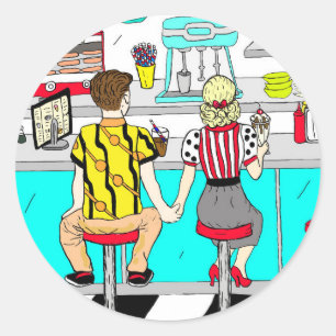Sticker Rond Cute Retro Couple Holding Mains à Diner