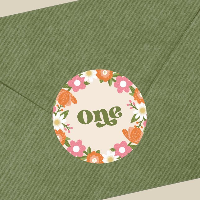 Sticker Rond Cute Retro Floral One | Premier anniversaire du bé (Créateur téléchargé)