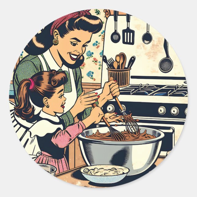 Sticker Rond Cute Retro Maman et Fille Cuisiner ensemble (Devant)