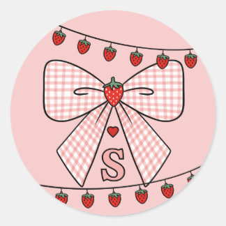 Sticker Rond Cute Retro Monogram Initials Strawberry Coquette