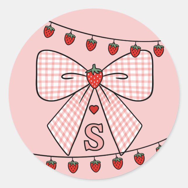 Sticker Rond Cute Retro Monogram Initials Strawberry Coquette (Devant)