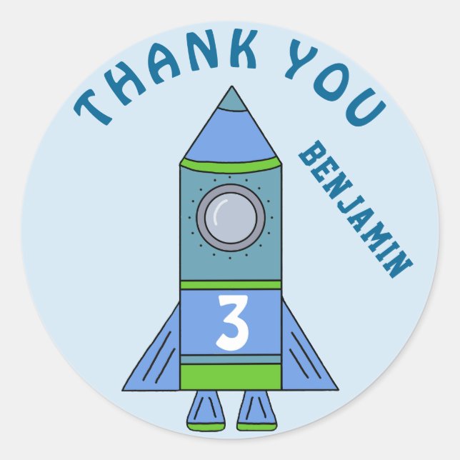 Sticker Rond Cute Rocket Blue Kids Boy Anniversaire Merci (Devant)