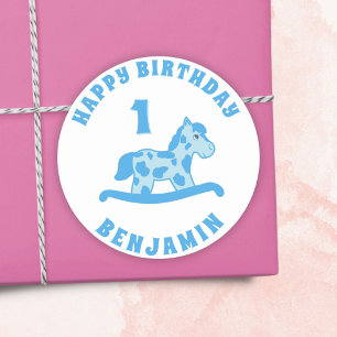 Sticker Rond Cute Rocse Horse Blue Boy 1er anniversaire