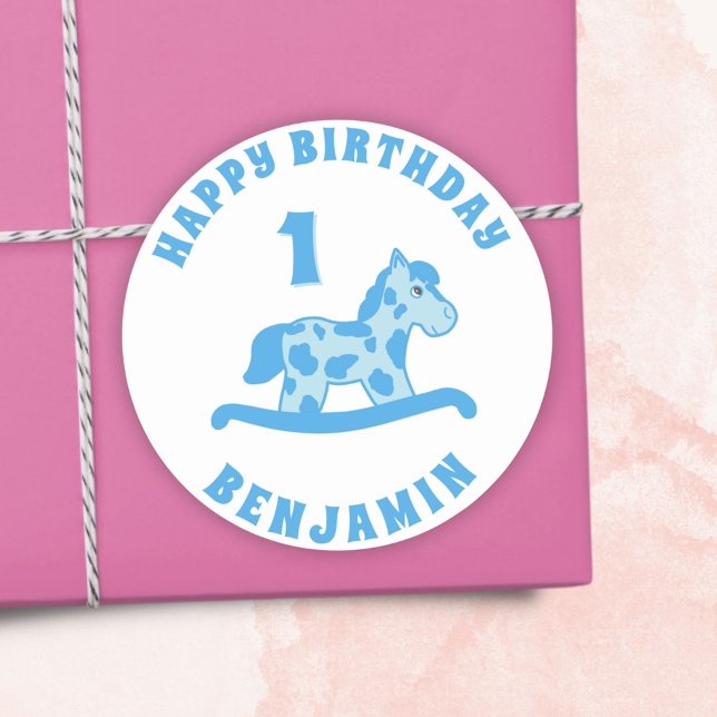 Sticker Rond Cute Rocse Horse Blue Boy 1er anniversaire (Créateur téléchargé)