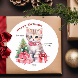 Sticker Rond Cute rose Aquarelle Kitten Catmas