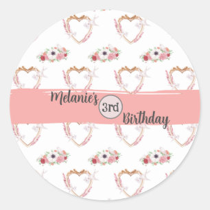 Sticker Rond Cute Rose Blanc Floral Coeur Motif Anniversaire