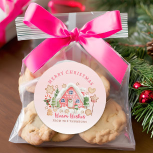 Sticker Rond Cute rose bonbon pain d'épice Maison Joyeux Noël