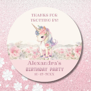 Sticker Rond Cute rose Unicorn fille Merci d'anniversaire