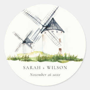 Sticker Rond Cute Rustic Watercolor Windmill Mariage de thème d