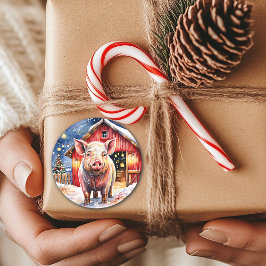 Sticker Rond Cute rustique Cochon de Noël et Grange