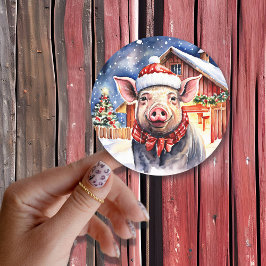 Sticker Rond Cute rustique Cochon de Noël et Grange Grande