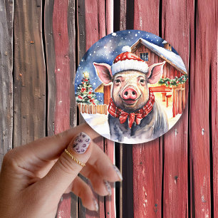 Sticker Rond Cute rustique Cochon de Noël et Grange Grande