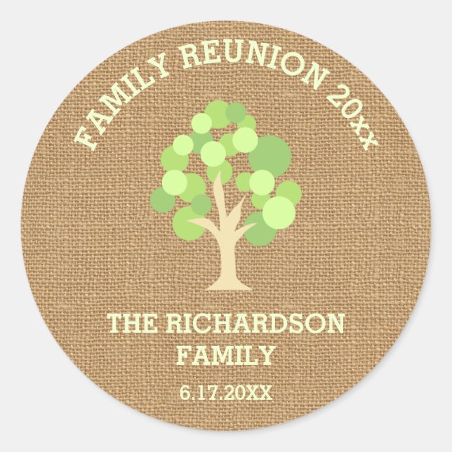 Sticker Rond Cute Rustique Green Tree et Burlap Family Réunion (Devant)