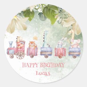 Sticker Rond Cute Safari jungle zoo train fête d'anniversaire