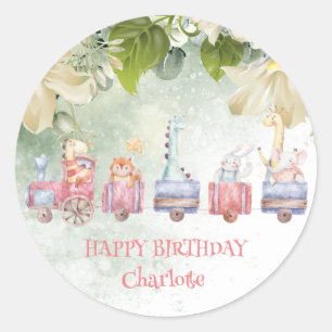 Sticker Rond Cute Safari jungle zoo train fête d'anniversaire