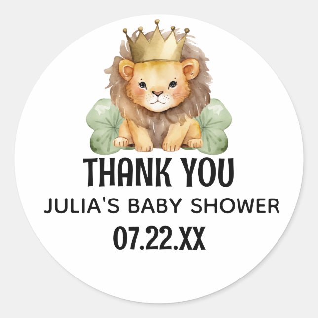 Sticker Rond Cute Safari King Lion Baby shower Merci (Devant)